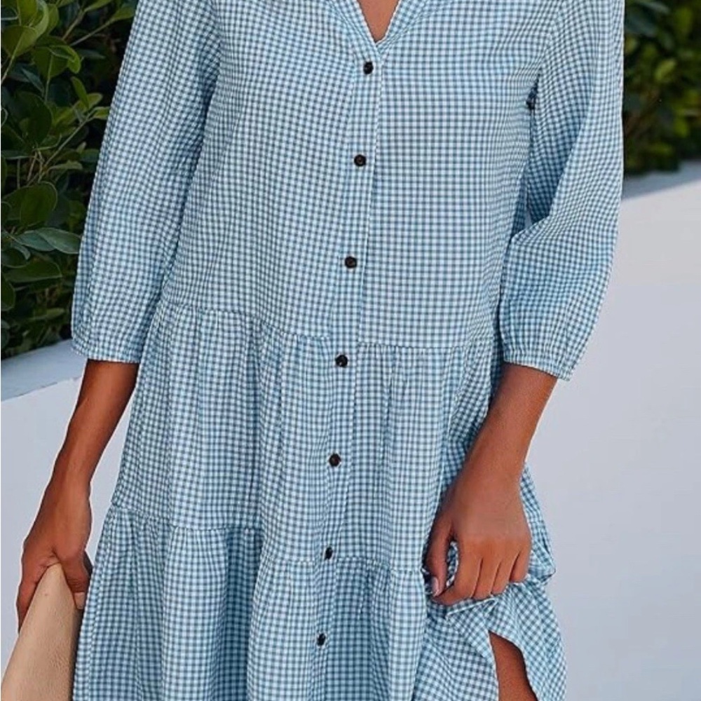 CCTOO Women’s NWT Blue White Plaid Dress Large Tiered Babydoll Beach